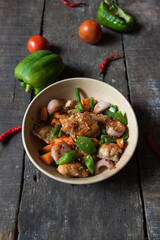 Chicken salad prepared with assorted vegetables onion, carrot capsicum saute along with chunks of chicken. 