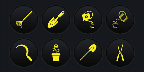 Set Sickle, Watering can, Flower pot, Garden shovel, trowel spade or, Gardening handmade scissor and rake for leaves icon. Vector