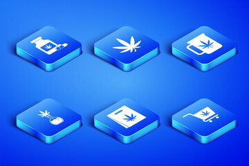 Set Shopping cart with marijuana, Medical bottle, bag of, Test tube, Marijuana or cannabis leaf and Cup tea icon. Vector