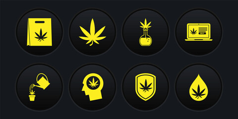 Set Watering can marijuana, Online buying, Head profile with, Shield and, Test tube, Marijuana or cannabis leaf, oil and Shopping bag icon. Vector