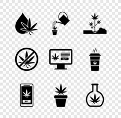 Set Marijuana or cannabis leaf oil, Watering marijuana, Planting, Online buying, plant pot, Test tube with, Stop and icon. Vector © vector_v