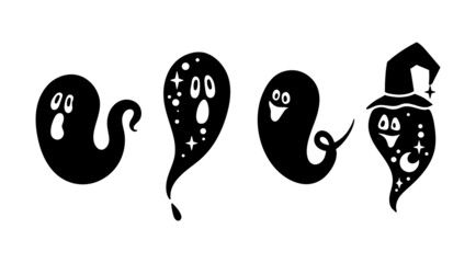 Cute halloween ghost silhouette bundle, funny celestial ghost black and white isolated clipart on white background, halloween party decor for cards, t-hirts, vector kids character