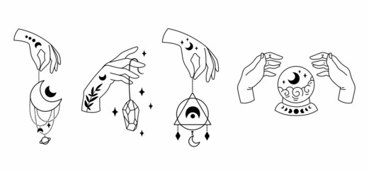 With hands and Mystical boho moon isolated cliparts bundle, celestial floral collection, moon and flowers set, magic line crescent witchy moon, esoteric objects - black and white vector illustration