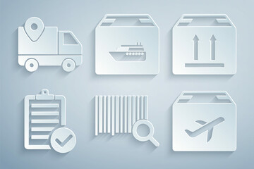 Set Search barcode, Cardboard box with traffic, Verification of delivery list, Plane and cardboard, Cargo ship boxes and Delivery tracking icon. Vector