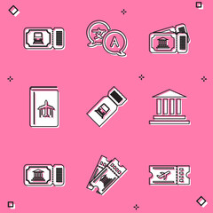 Set Train ticket, Translator, Museum, Cover book travel guide, building, and icon. Vector