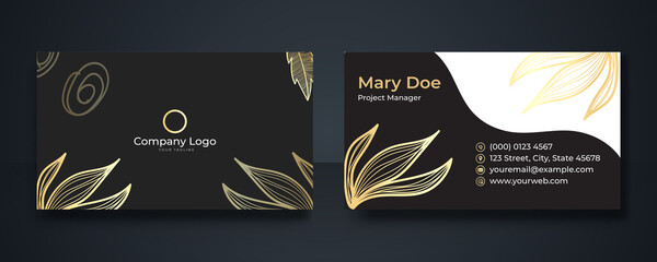 Business card - gold floral frame and leaves nature gold aesthetic lines on dark black background