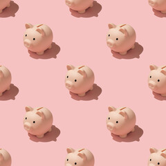 Top view photo of piggy banks pattern on isolated light pink color background