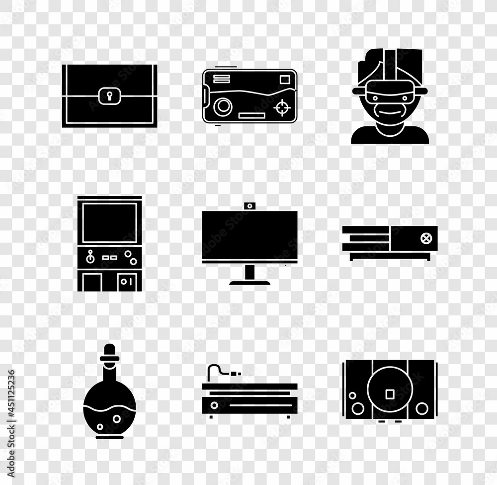 Poster set chest for game, mobile and playing in, virtual reality glasses, bottle with magic elixir, video 