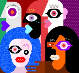 Gordijnen Moderne kunst vectorillustratie van vijf verschillende mensen gezichten. ©  danjazzia