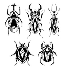 Set of geometric monochrome insects with poly decorations. Vector black silhouette of geometrical stag beetle, flying ant, ladybug, bedbug in retro colors. Stylish print bugs for logo - obrazy, fototapety, plakaty