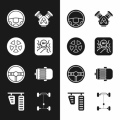 Set Gear shifter, Car wheel, Steering, engine, Electric, Chassis car and gas and brake pedals icon. Vector