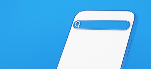 3d Smartphone with search bar on blue background ,Communication and social media concept,3D Illustration background