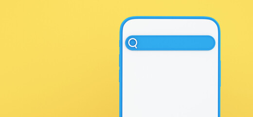3d Smartphone with search bar on yellow background ,Communication and social media concept,3D Illustration background