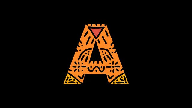 Letter A. 4K, Transparent Alpha channel. Cartoon Animation, Shake twitch effect. Ethnic ornament, national folk pattern in letter. 3 colors. Capital Letter A for ABC education, erudition, game.