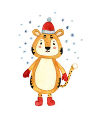 Watercolor illustration, cute New Year's tiger cub in a red cap and boots, tiger in snowflakes,, New Year's illustration isolated on a white background, ideal for the design of Christmas cards,posters