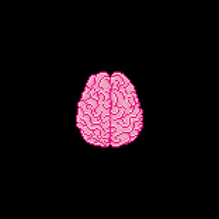 Pixel art bloody brain icon. Human brain illustration in retro gaming style for halloween decoration or game assets.