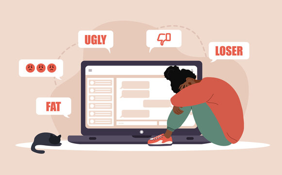 Cyber Bullying. Sad African Woman With Laptop Receiving Pop Up Messages. Online Abuse Concept. Teenager Sitting On The Floor And Crying. Vector Illustration In Flat Cartoon Style.