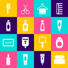 Set Cream or lotion cosmetic tube, Bottle of shampoo, Towel hanger, Shaving gel foam, Hairbrush and icon. Vector