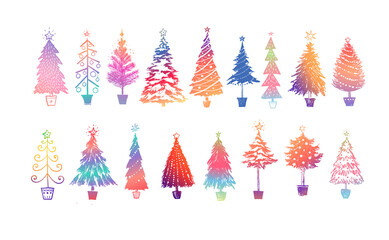 Set of doodle rainbow christmas trees on white background.