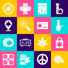 Set Legalize marijuana globe, Shopping paper bag of, Glass bong for smoking, Plastic cannabis, Magnifying glass and, Location, Stop leaf and Calendar icon. Vector