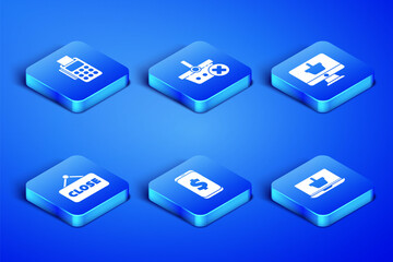 Set Shopping basket on laptop, POS terminal with credit card, Smartphone dollar, Hanging sign Closed, Remove shopping and Monitor icon. Vector