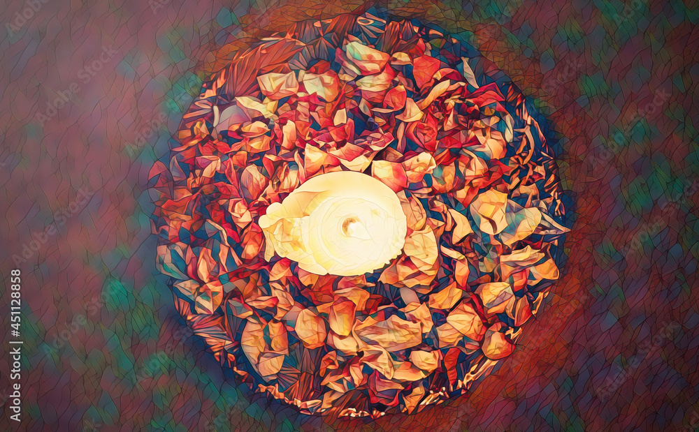 Poster ceremonial candle on a bowl with rose lupines and mosaic structure.