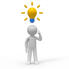 3d man points to a lightbulb over his head.