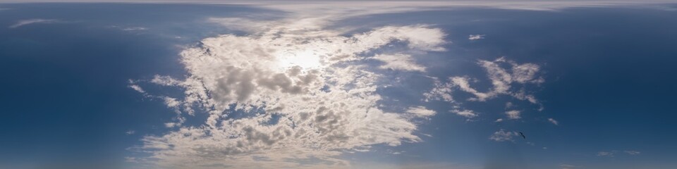 Obraz premium Blue sky panorama with Cirrus clouds. Seamless hdr 360 degree pano in spherical equirectangular format. Complete zenith for 3D visualization, game and sky replacement for aerial drone 360 panoramas.