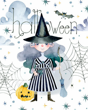 Witch with hat halloween watercolor invitation card 