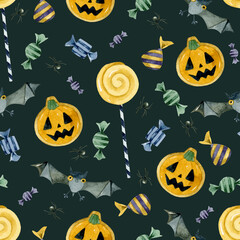 Trick or treat candies pumpkin cookies and bats seamless pattern wallpaper