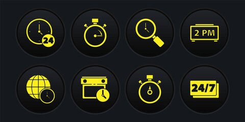 Set World time, Digital alarm clock, Calendar and, Stopwatch, Magnifying glass with, Clock 24 hours and icon. Vector