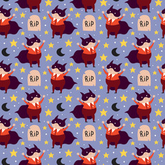 Boy child in Halloween Dracula vampire costume, tombstone, moon. Day of dead holiday decor seamless pattern. Wrapping packaging paper. Editable background.