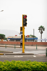 A red yellow traffic light surrounded by green areas, avenues and businesses. Traffic signs drawn on the runway and cloudy weather