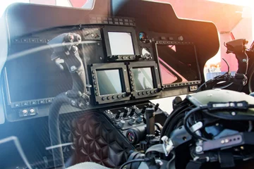 Zelfklevend Fotobehang Instrument and control panel military helicopter cockpit. © aapsky