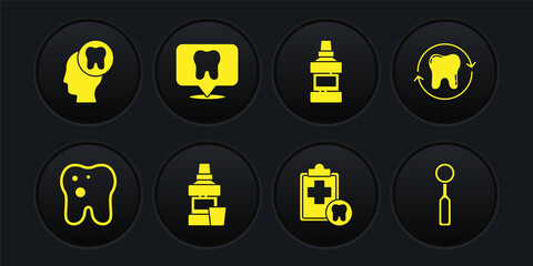 Set Tooth with caries, whitening, Mouthwash bottle, Dental card, clinic location, inspection mirror and Human head tooth icon. Vector