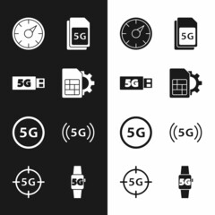 Fototapeta premium Set Sim card setting, 5G modem, Digital speed meter, Card, network, Smart watch and icon. Vector
