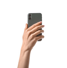 Woman with mobile phone on white background