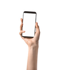 Woman with mobile phone on white background