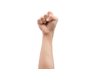 Male hand fist up white isolated