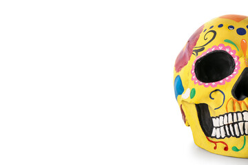Painted human skull for Mexico's Day of the Dead (El Dia de Muertos) on white background