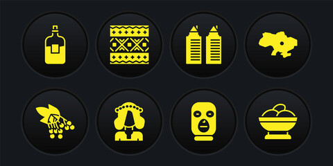 Set Branch viburnum, Map of Ukraine, Ukrainian woman, Thief mask, Two towers Dnipro, ethnic pattern, Varenyky bowl and Bottle vodka icon. Vector