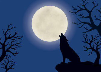 遠吠えする狼と月夜の景色 Wall Mural Wallpaper Murals まるまる