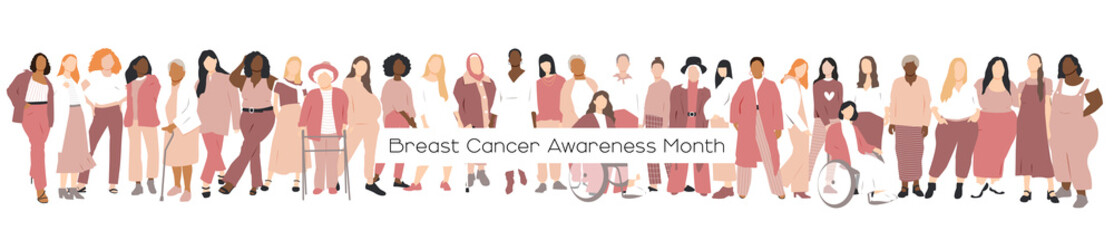 Breast cancer awareness month concept. Women of different ethnicities stand side by side together. Flat vector illustration.
