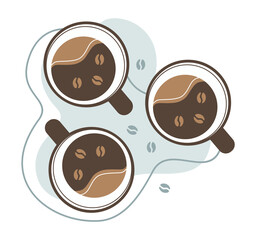 Coffee composition. Stylized flat cups of coffee and grains. Cute vector illustration.