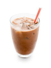 Glass of tasty chocolate milk on white background