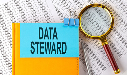 DATA STEWARD text on sticker on notebook with magnifier and chart. Business concept