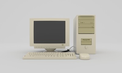Vintage old desktop computer windows PC 3D model illustration
