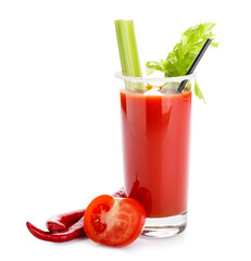 Glass of bloody mary cocktail garnished with cilantro, red chili peppers and tomato on white background