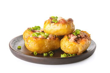 Plate with baked potato on white background