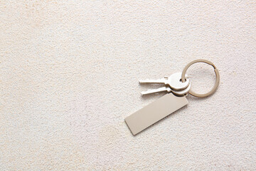Keys with stylish keychain on light background